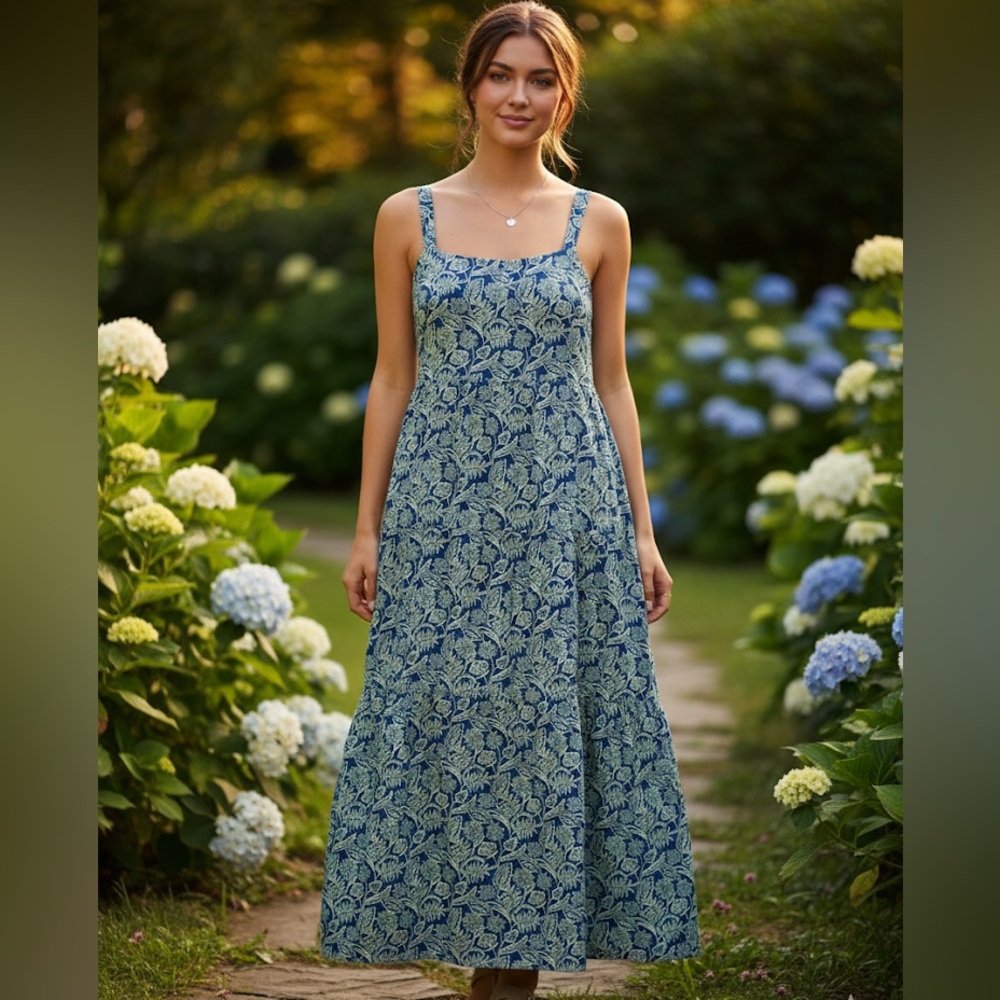 Dip teal Blue Floral tiered ruffle maxi dress romantic cottagecore country